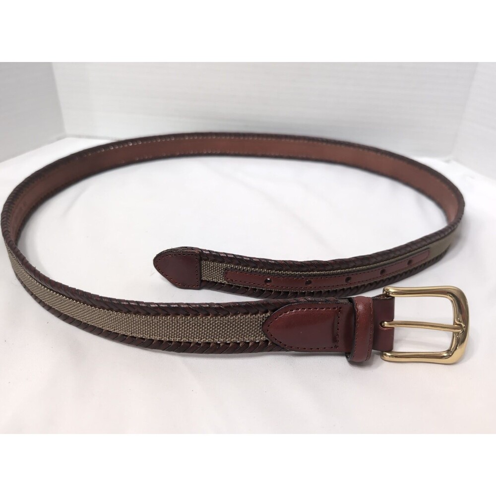CUSTOM LEATHER BELT LEATHER And WOVEN CANVAS  MENS SIZE 42 BROWN/TAN/BRASS